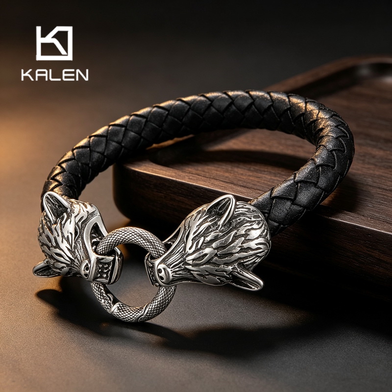 Men Accessories Bd - kalen Edelstahl Viking-Wolfskopf Geflochtenes Lederarmband für