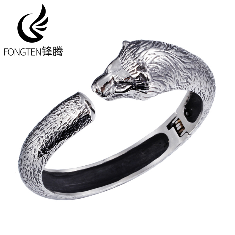 Men Accessories Bd - Fongten Wikinger-Wolfskopf Edelstahl-Armreif für Herren Einzigartige