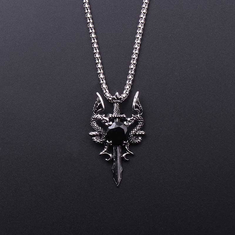 Men Accessories Pendant - Doppeldrachen-Halskette mit schwarzem Edelstein, Punk-Stil, personalisierter