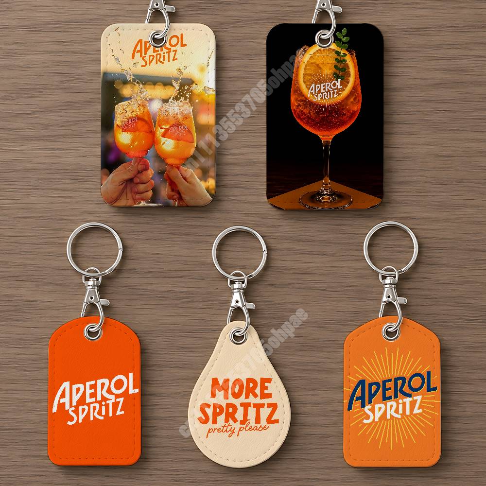 Men Keychain Accessories - Orangefarbener Prosecco A-Aperol S-Spritz Leder-Schlüsselanhänger Kartenhalter